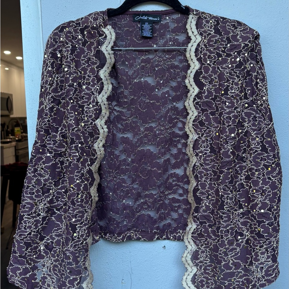 Chic Women's Lace Shrug - Purple and Cream with gold details